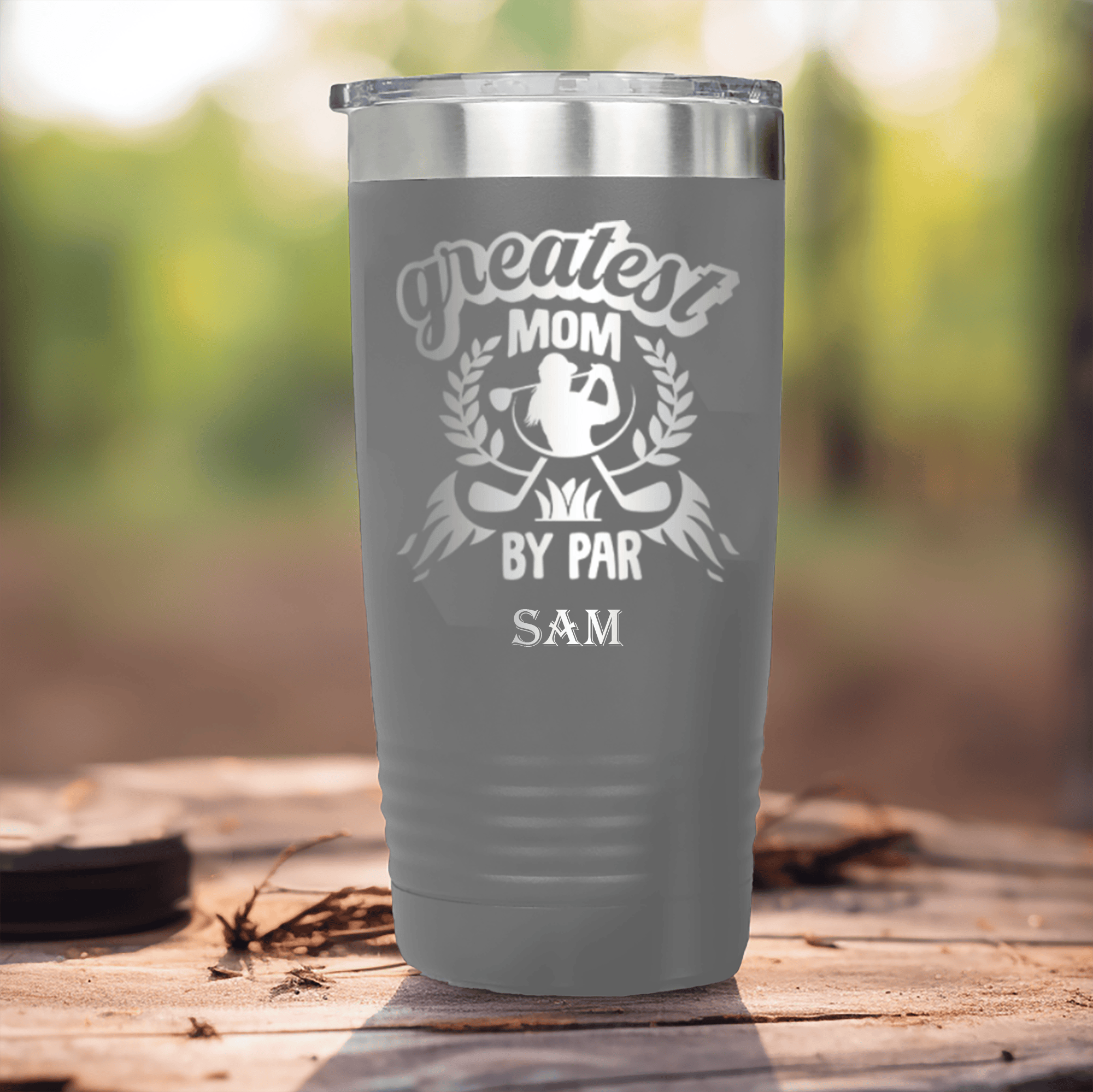 Grey Golf Tumbler With Greatest Mom By Par Design