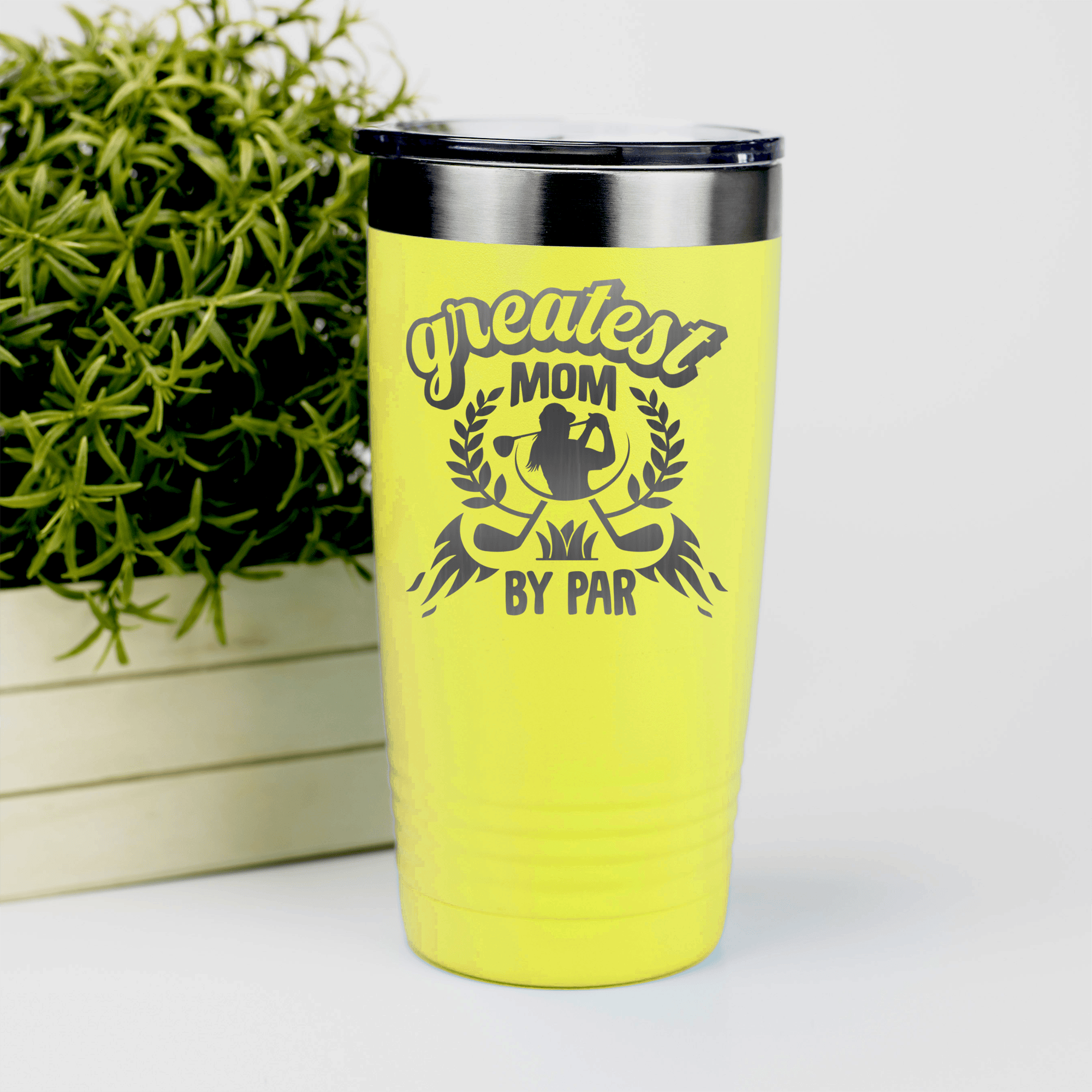 Yellow golf tumbler Greatest Mom By Par