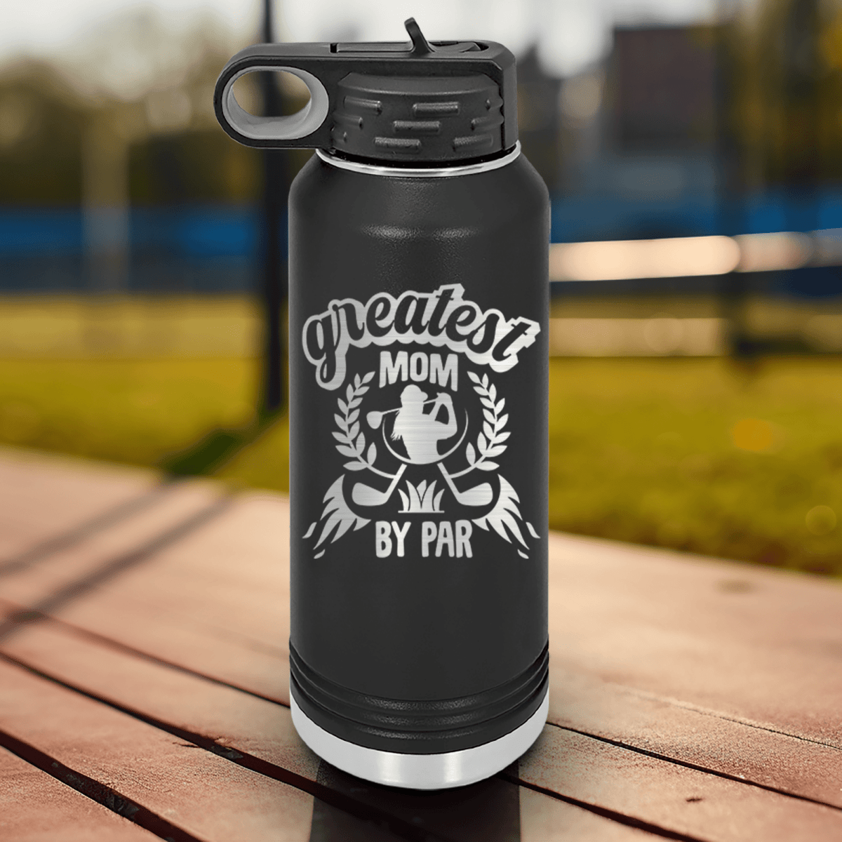Black golf water bottle Greatest Mom By Par