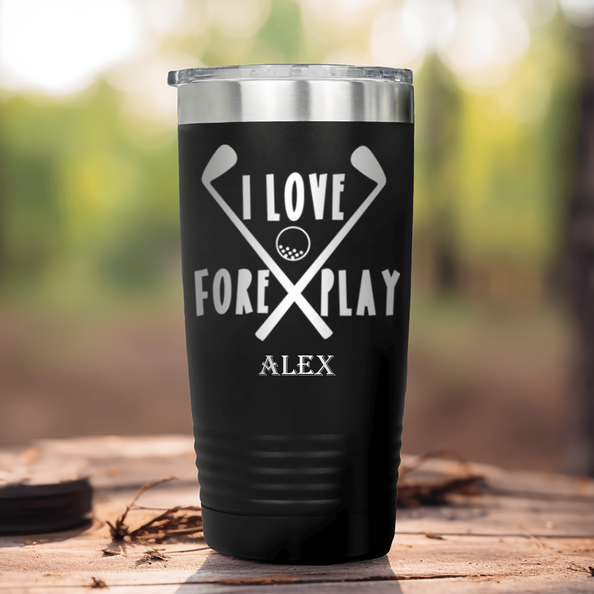 Black Golf Tumbler With I Love Foreplay Design