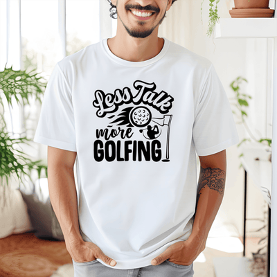 White Mens T-Shirt With Less Talk More Golf Design