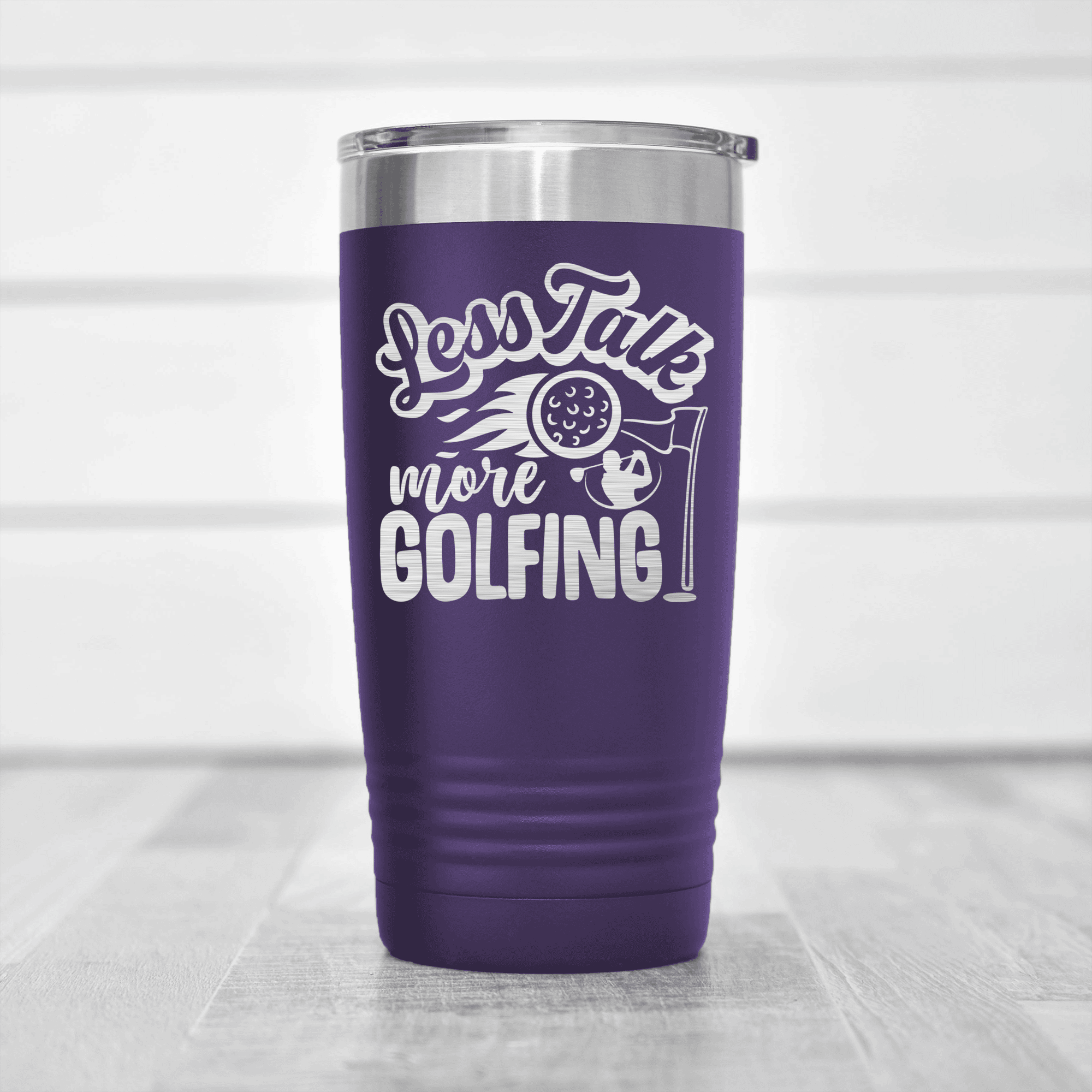 Purple golf tumbler Less Talk More Golf