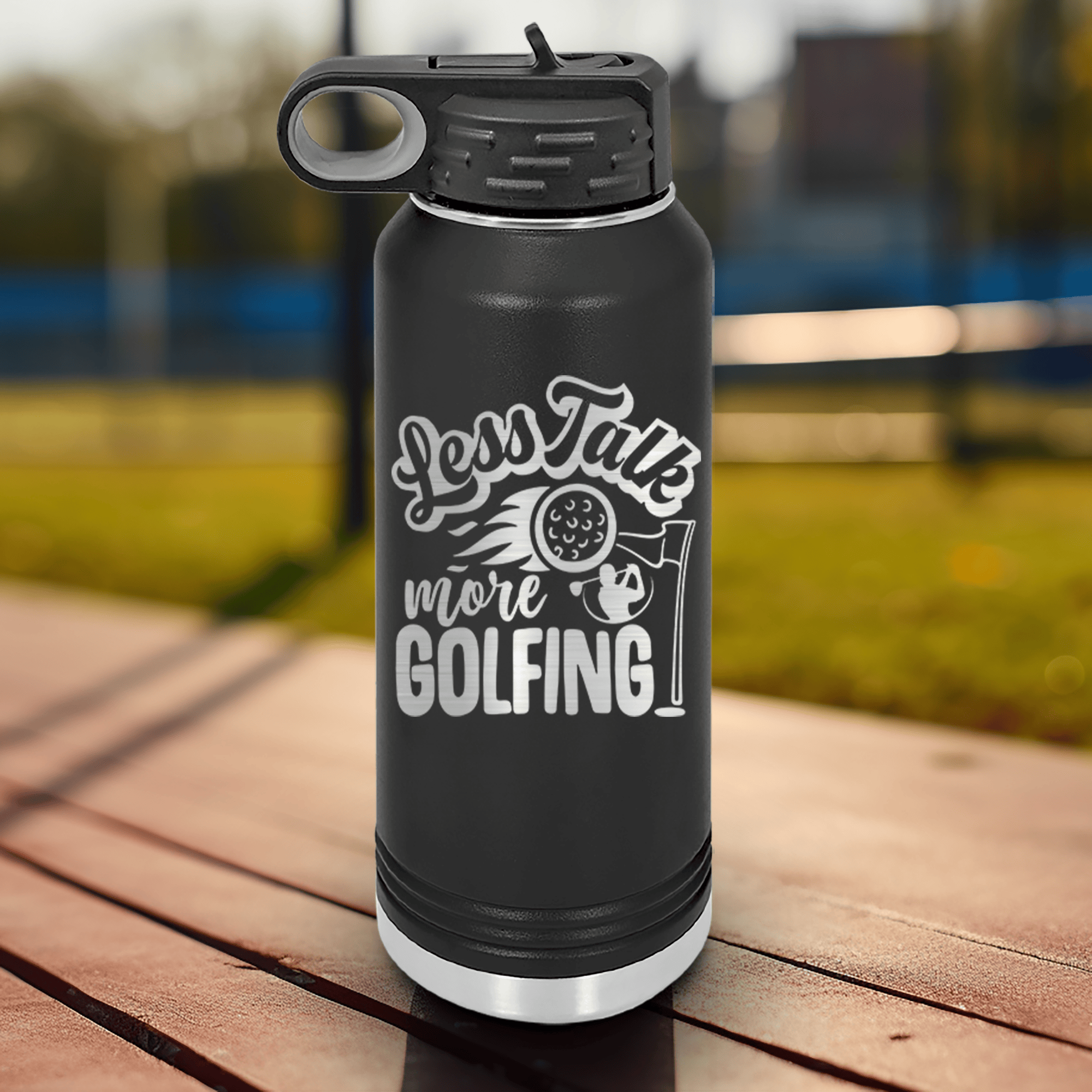 Black golf water bottle Less Talk More Golf