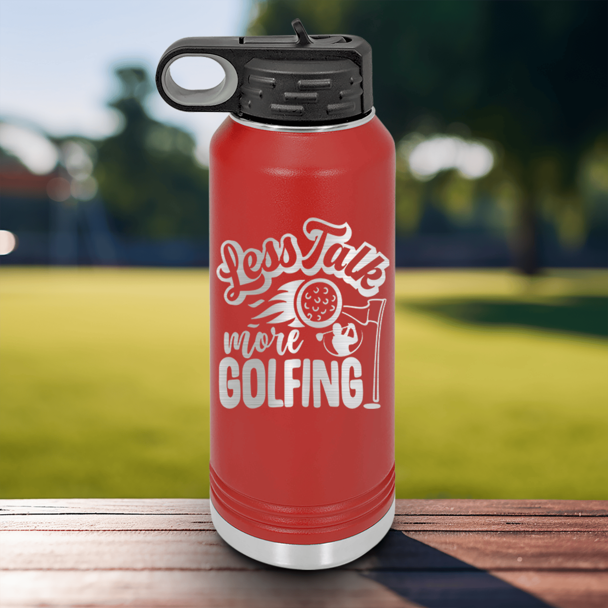 Red golf water bottle Less Talk More Golf