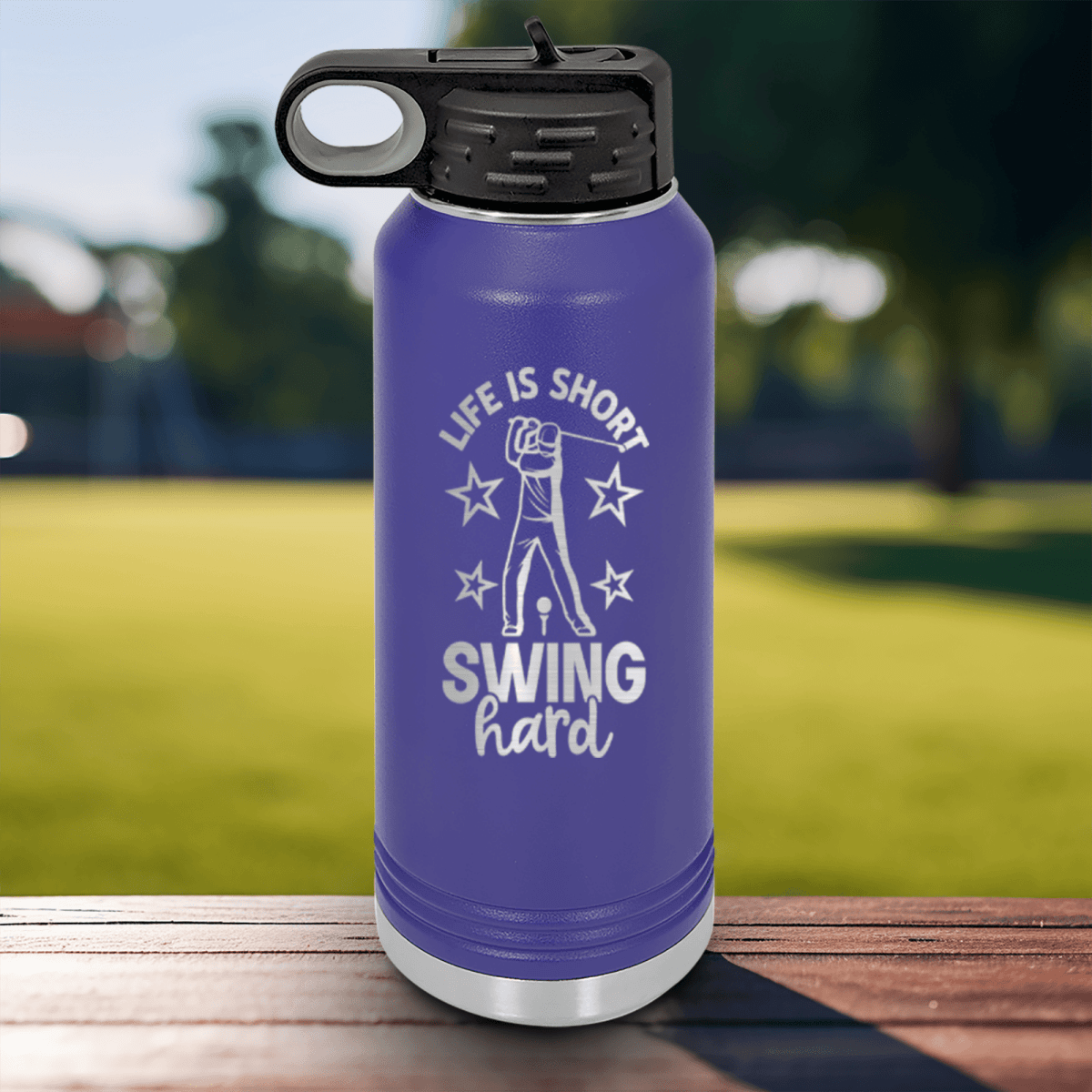 Purple golf water bottle Life Is Short Swing Hard