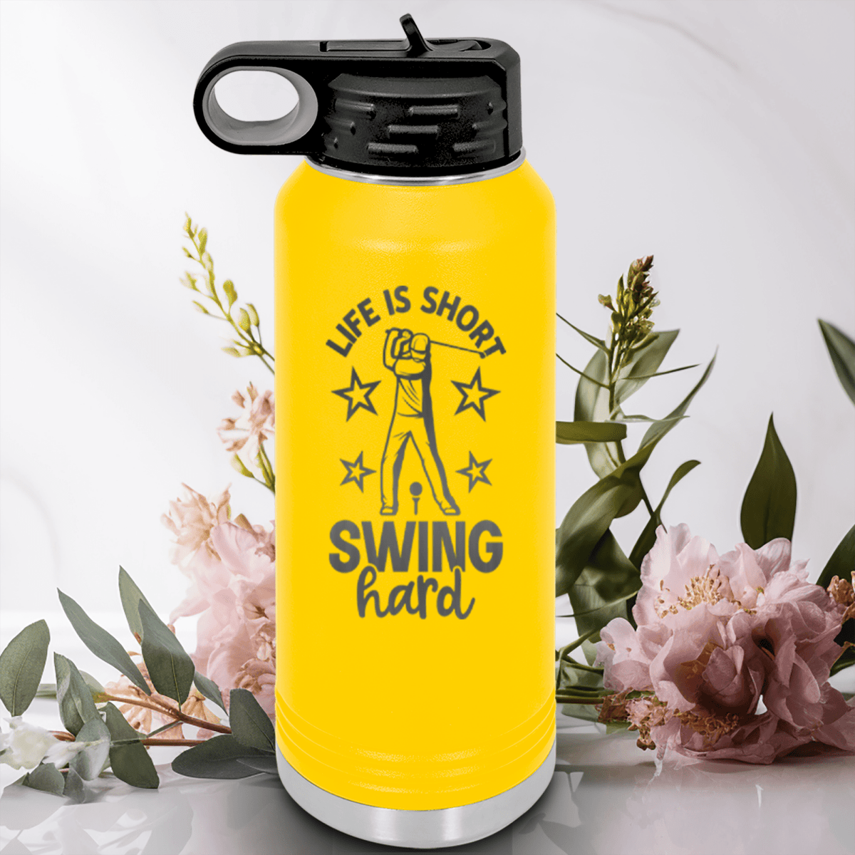 Yellow golf water bottle Life Is Short Swing Hard