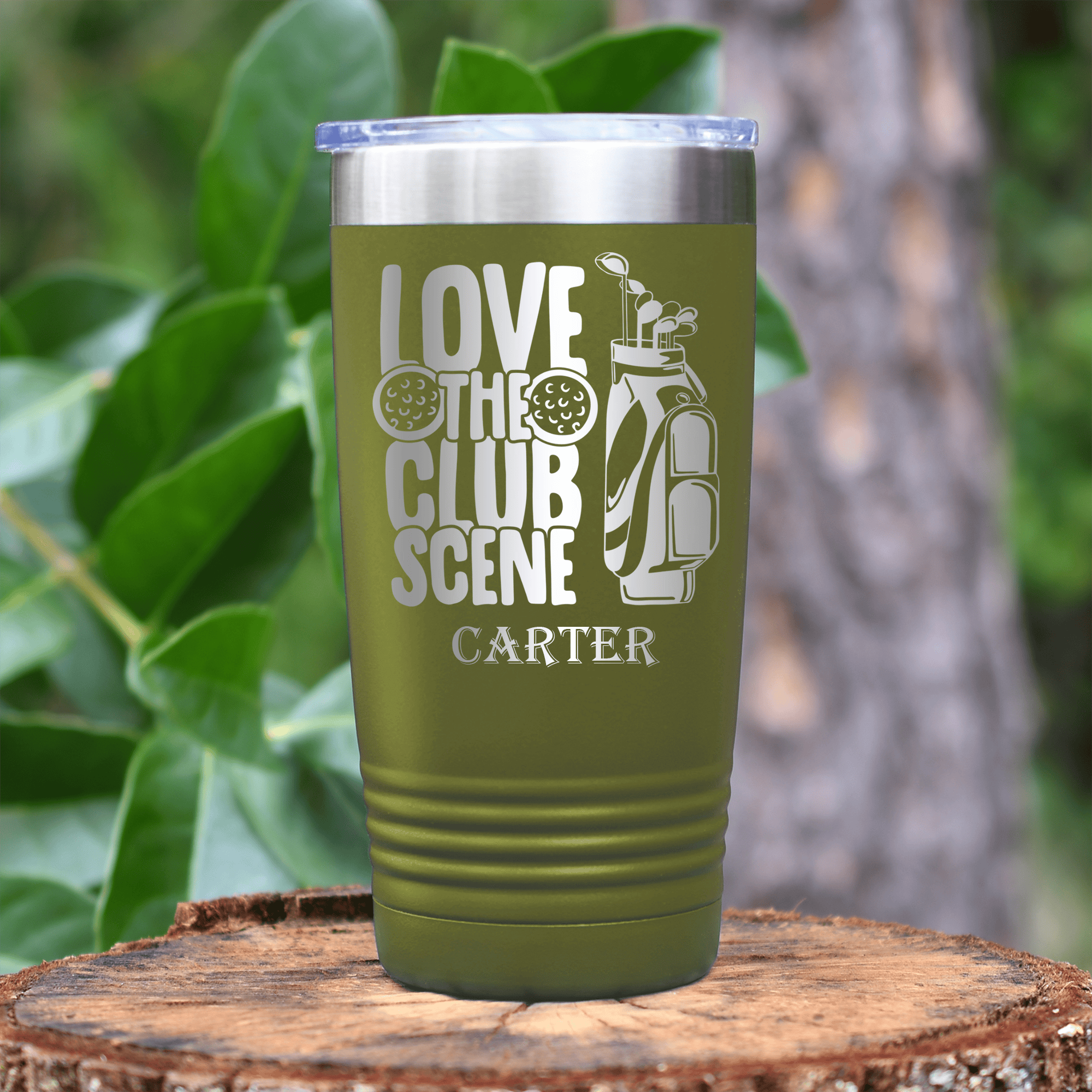 Military Green Golf Tumbler With Love The Club Scene Design