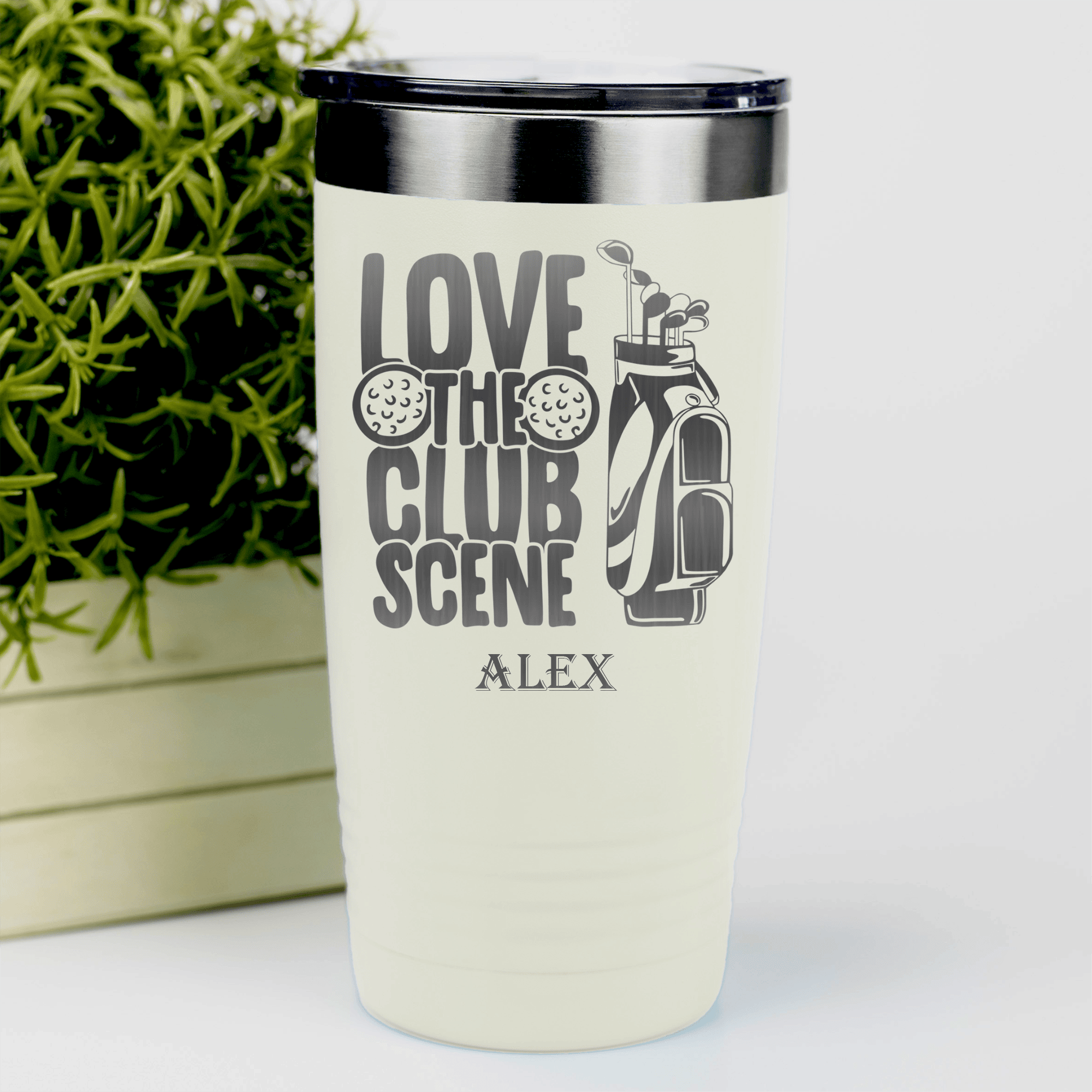 White Golf Tumbler With Love The Club Scene Design