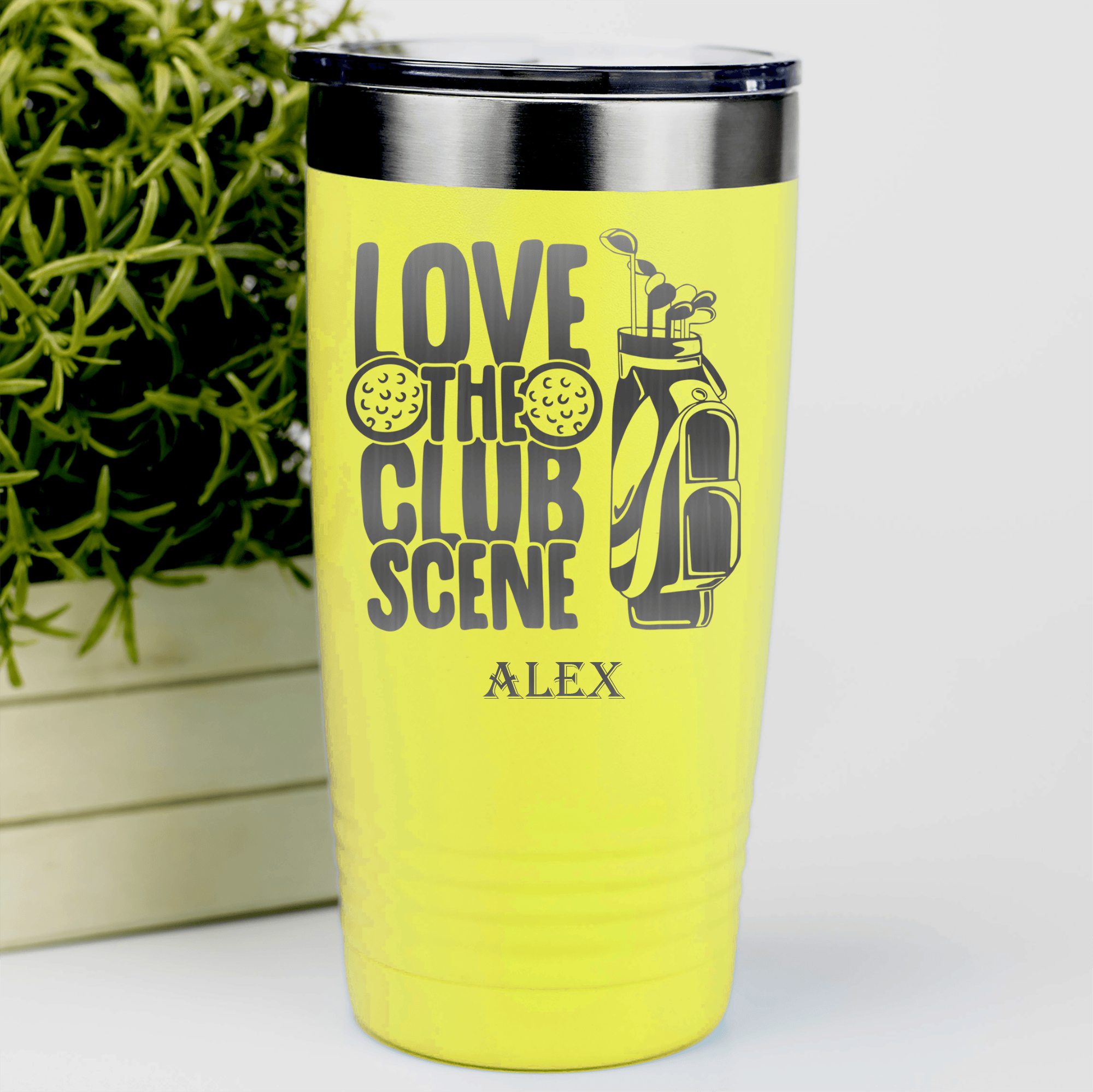 Yellow Golf Tumbler With Love The Club Scene Design