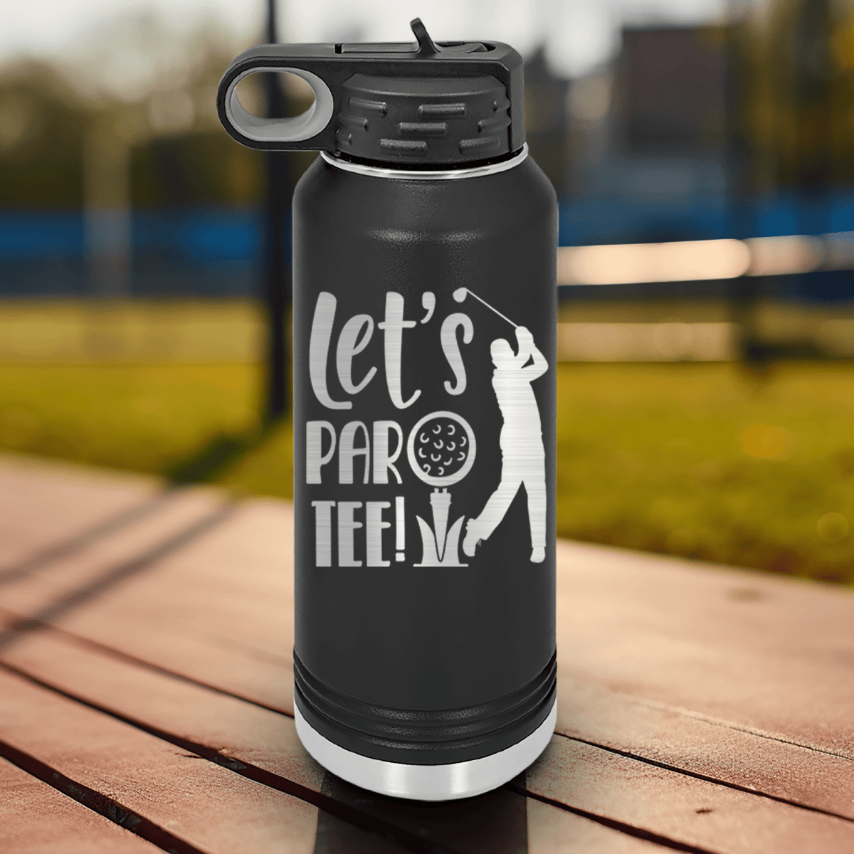 Black golf water bottle Par Tee Time