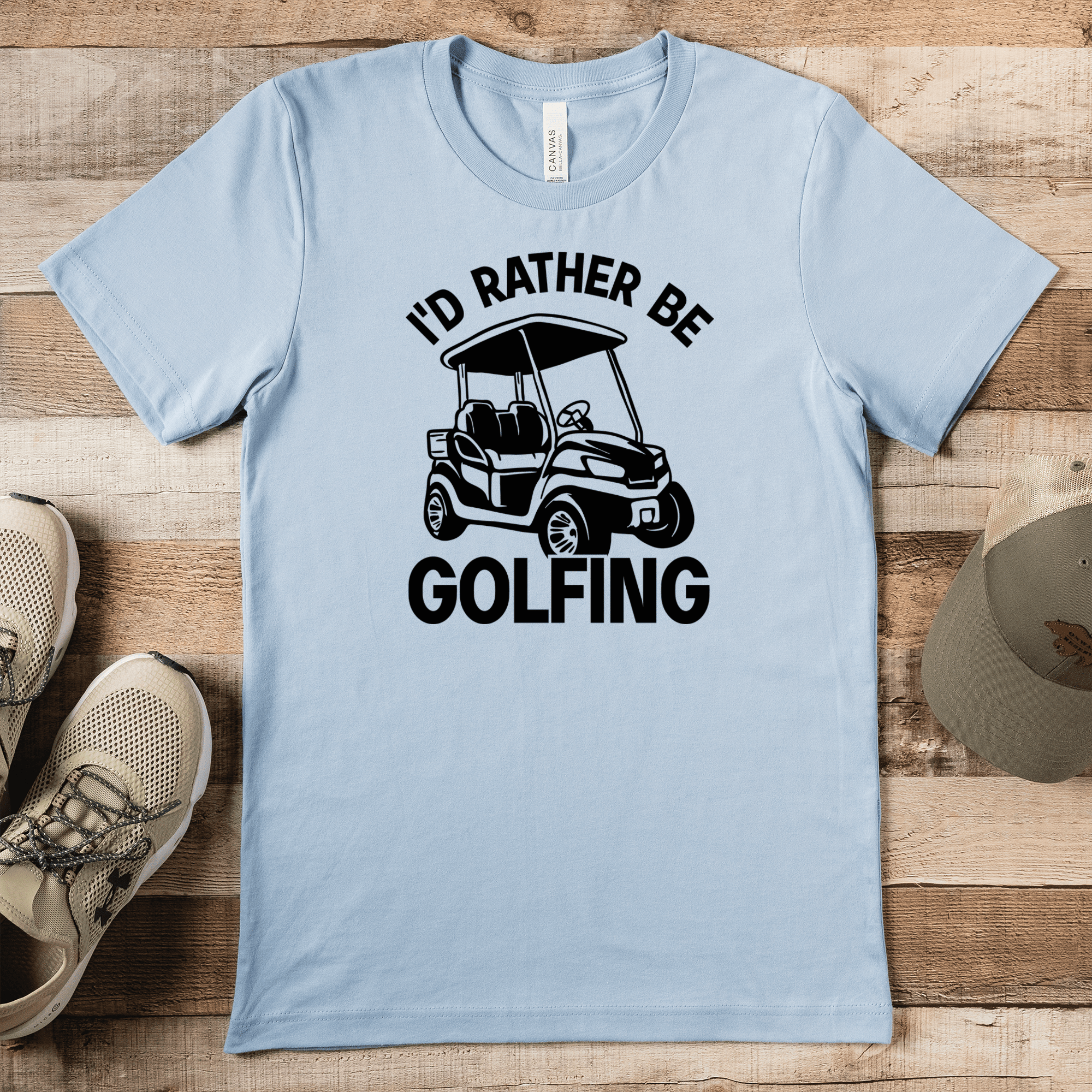 Light Blue Mens T-Shirt With Rather Be Golfin Design