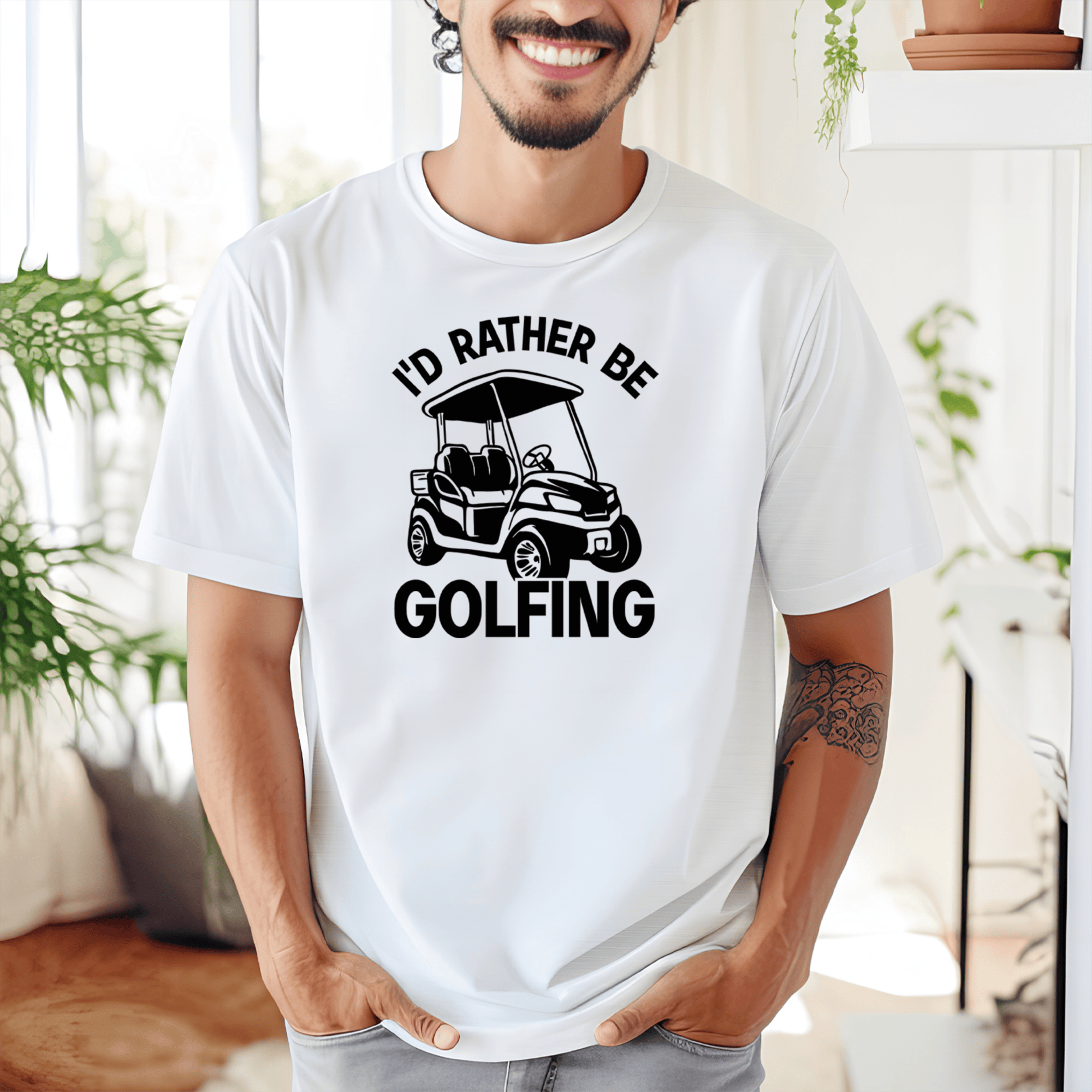 White Mens T-Shirt With Rather Be Golfin Design