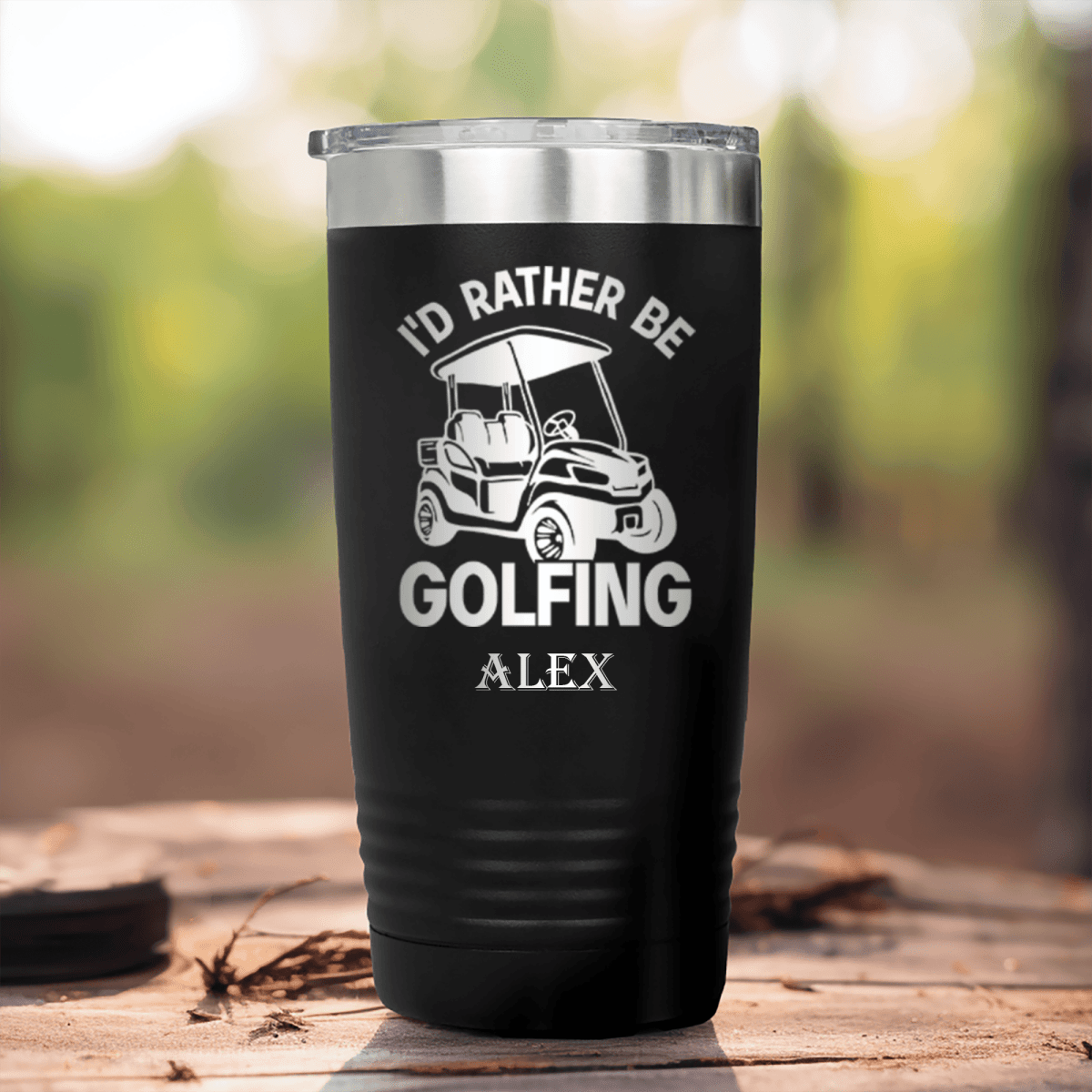 Black Golf Tumbler With Rather Be Golfin Design