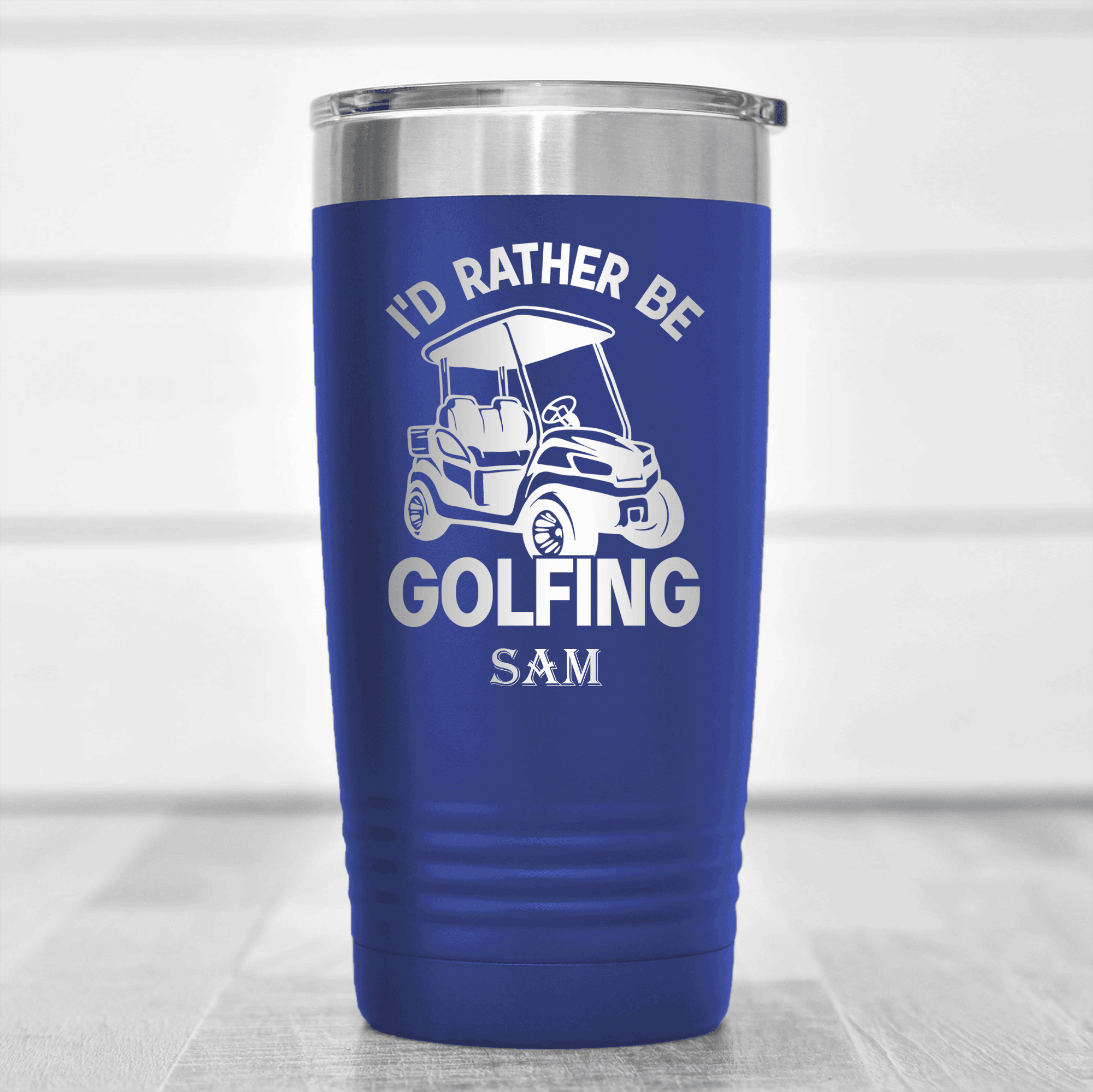 Blue Golf Tumbler With Rather Be Golfin Design