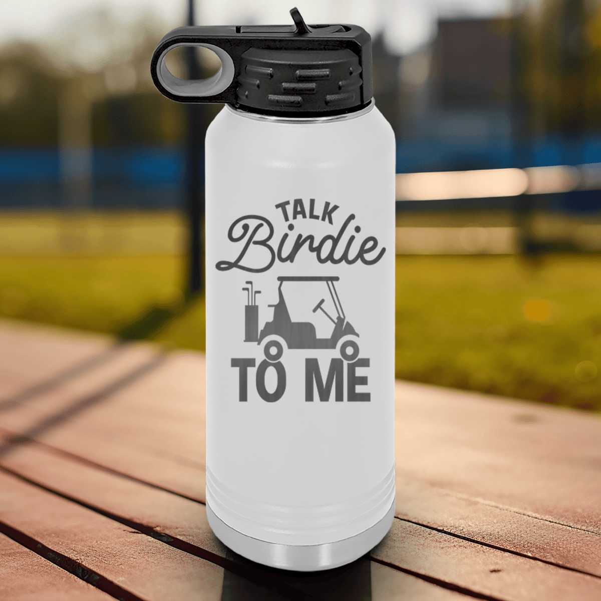 White golf water bottle Talk Birdie To Me