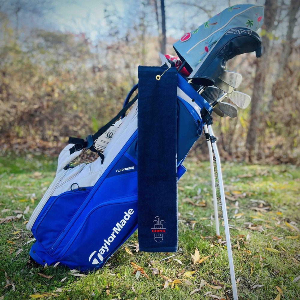 Personalized golf towel with custom embroidery and golf bag design