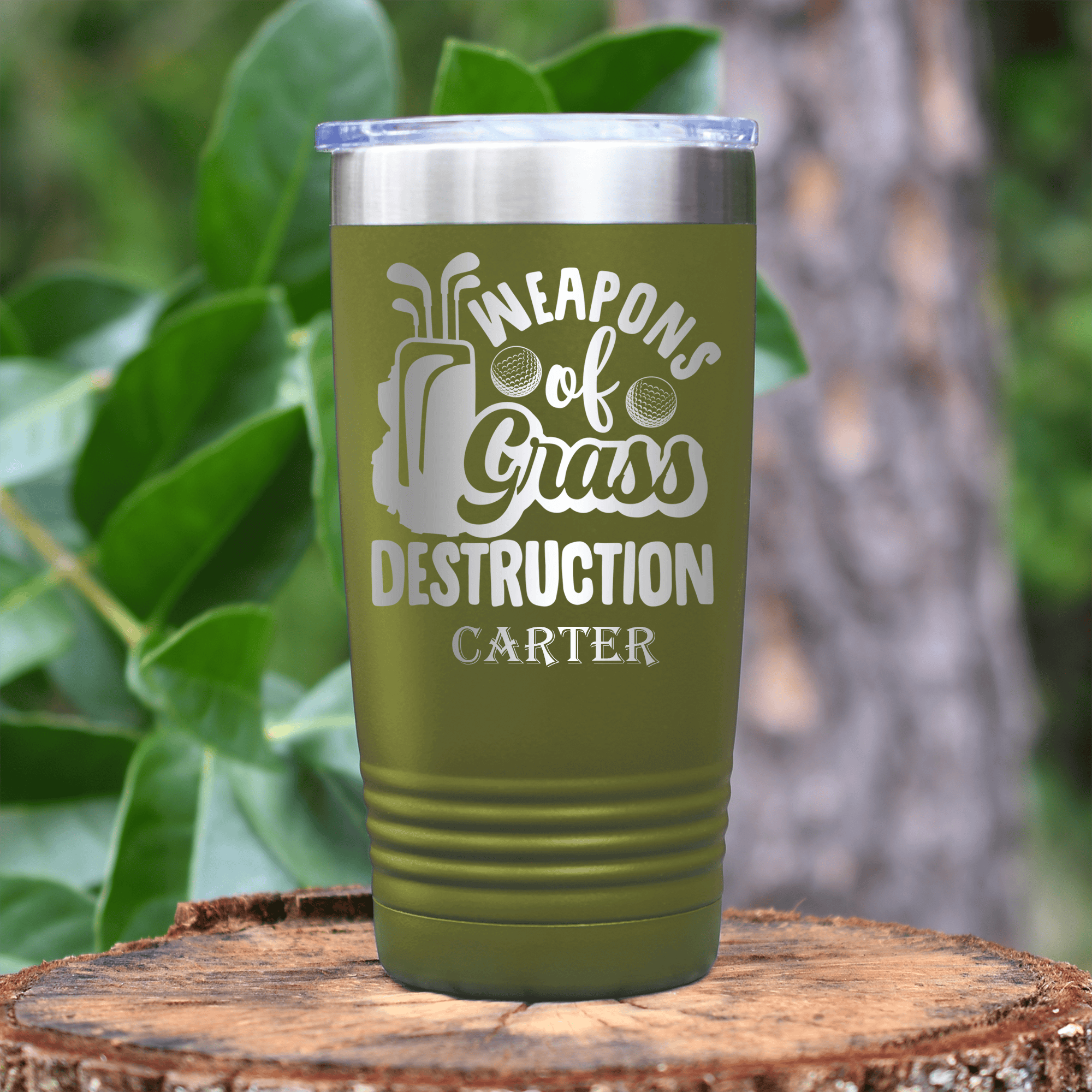 Military Green Golf Tumbler With Weapons Of Grass Destruction Design
