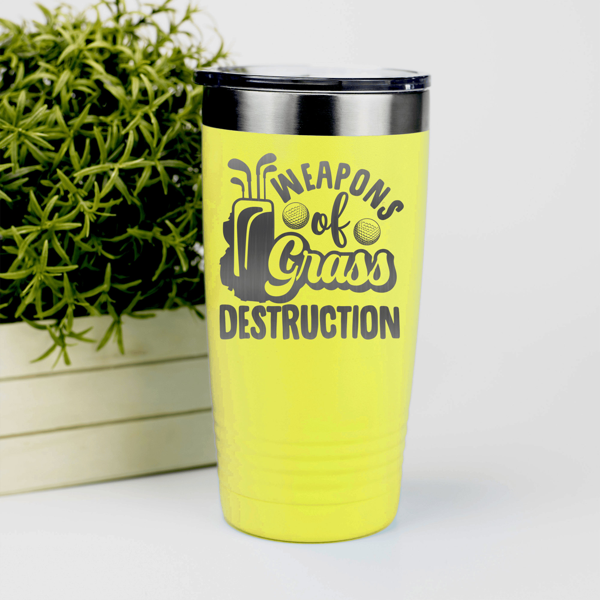 Yellow golf tumbler Weapons Of Grass Destruction