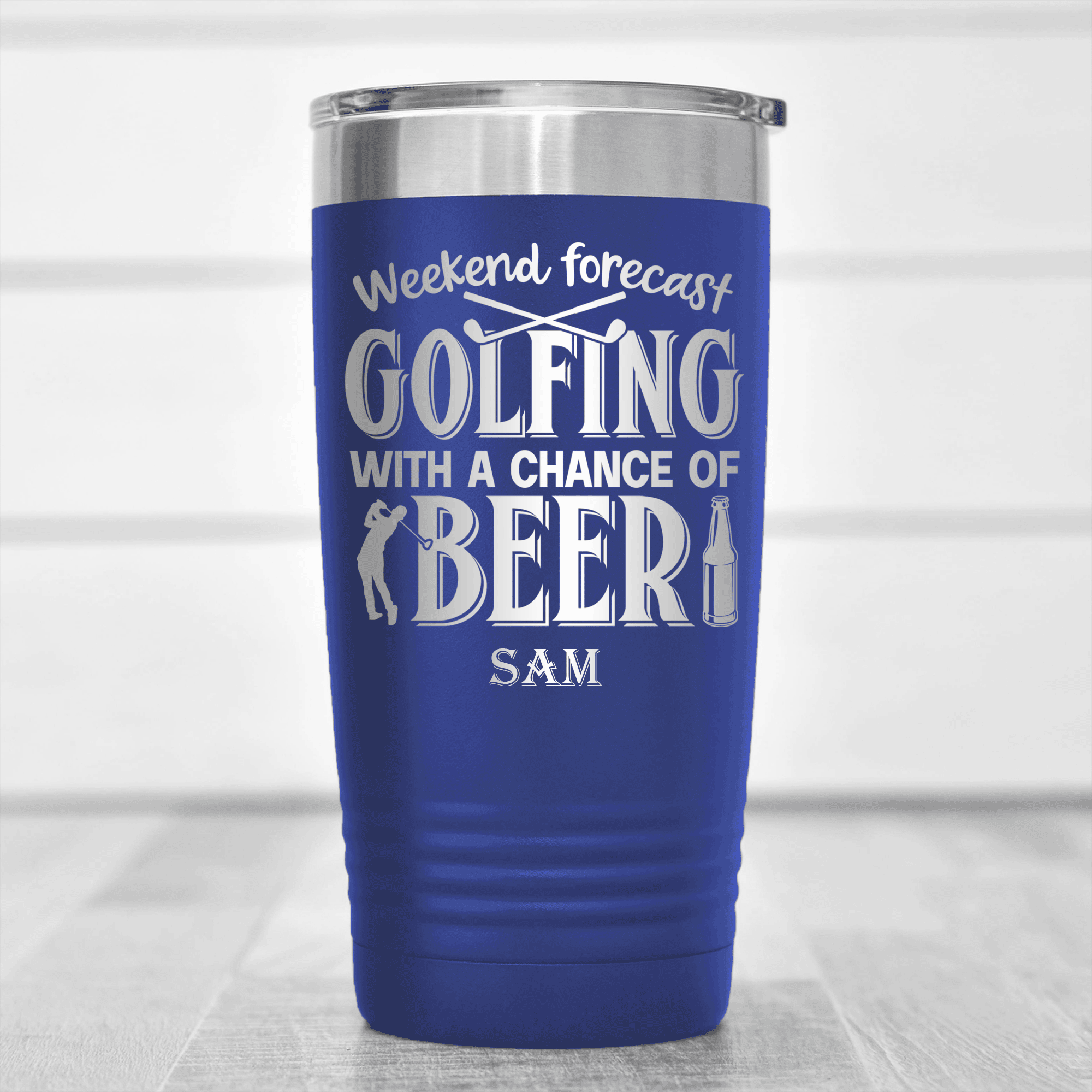 Blue Golf Tumbler With Weekend Forecast Golfing Design