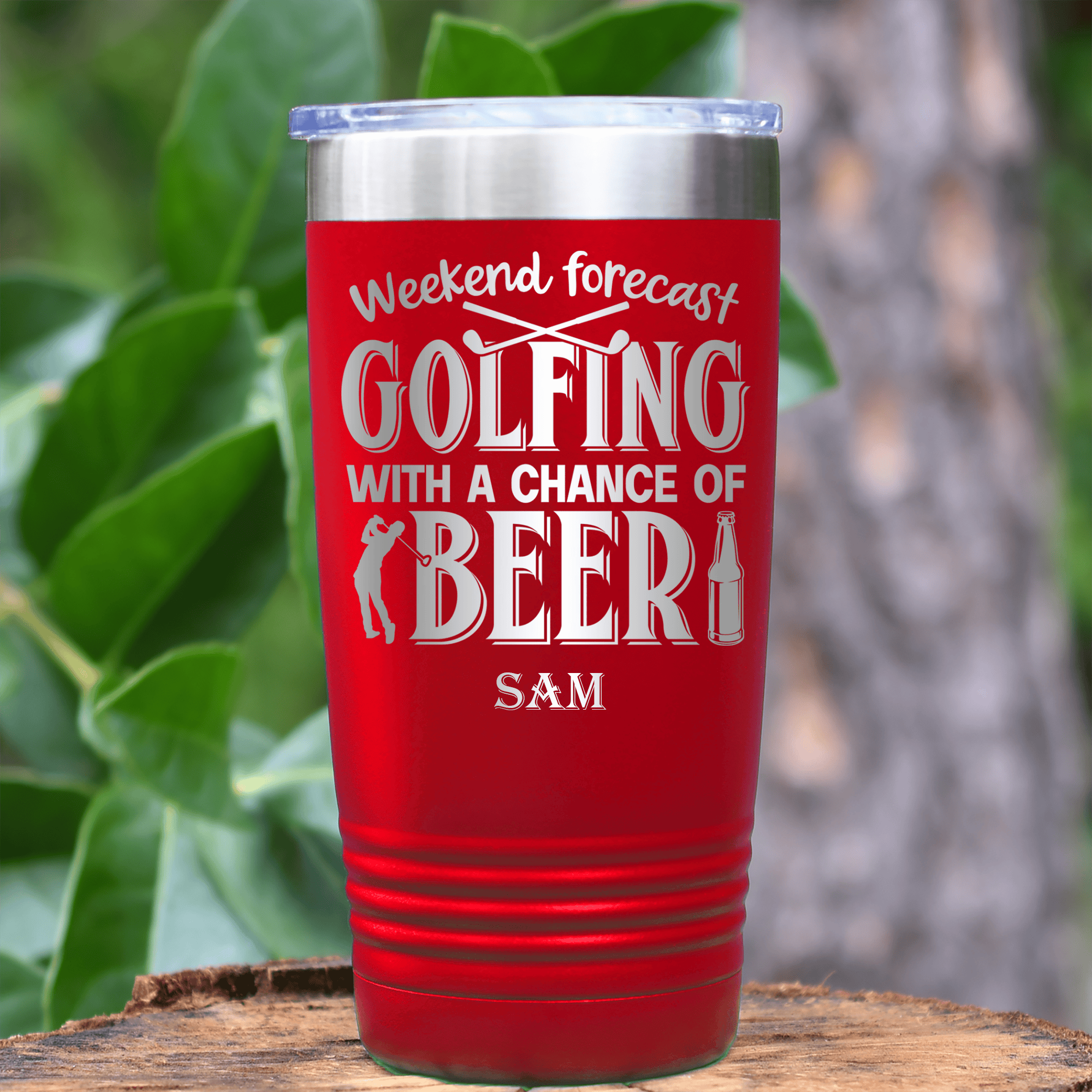 Red Golf Tumbler With Weekend Forecast Golfing Design