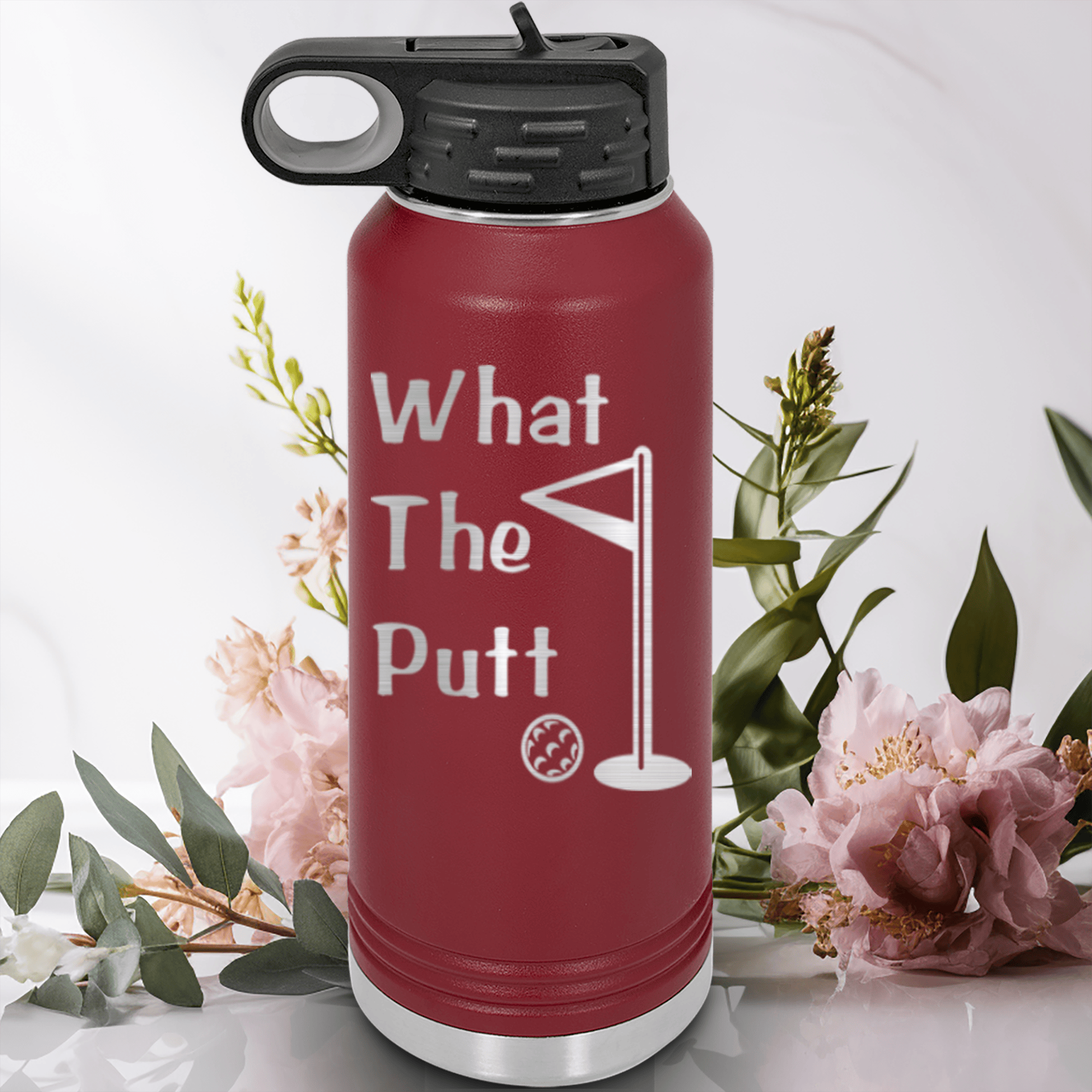 Maroon golf water bottle What The Putt