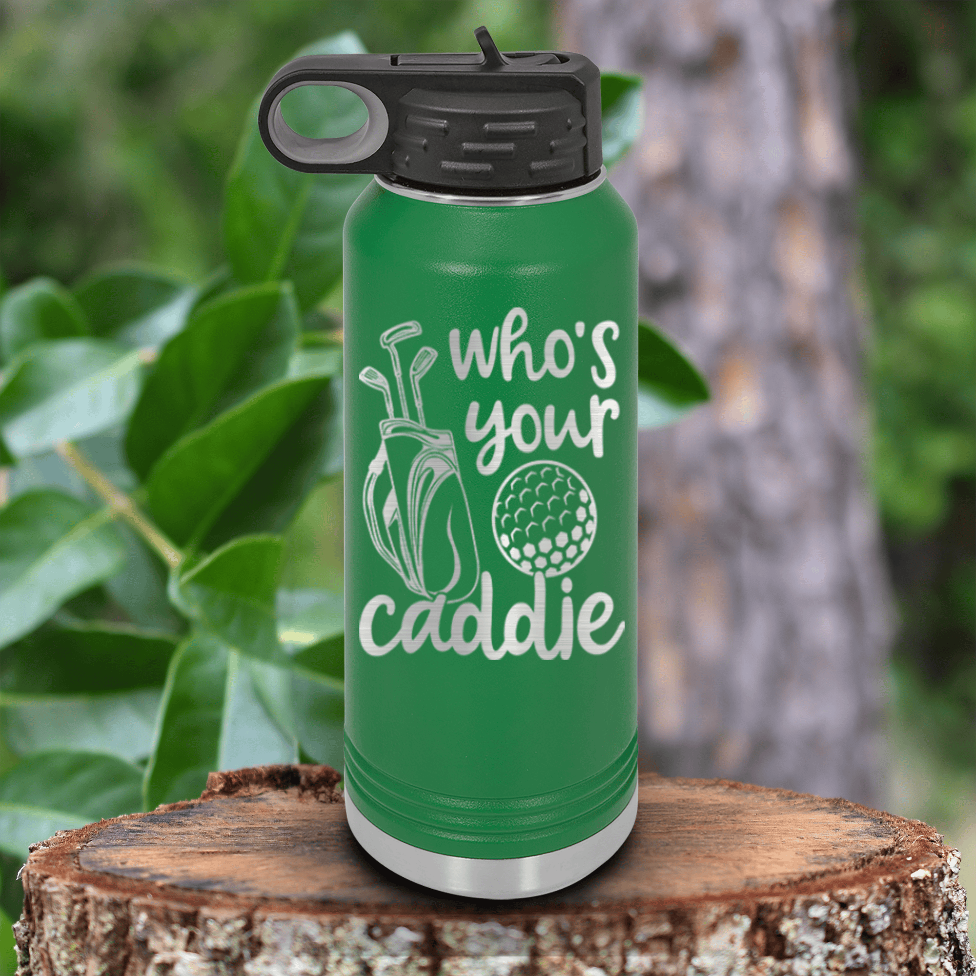 Black golf water bottle Whos Your Caddie - Groovy Golfer