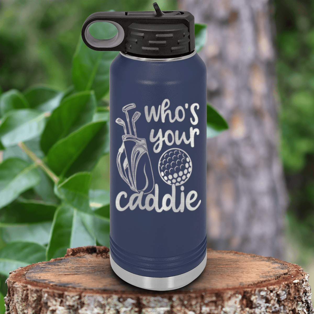 Navy golf water bottle Whos Your Caddie