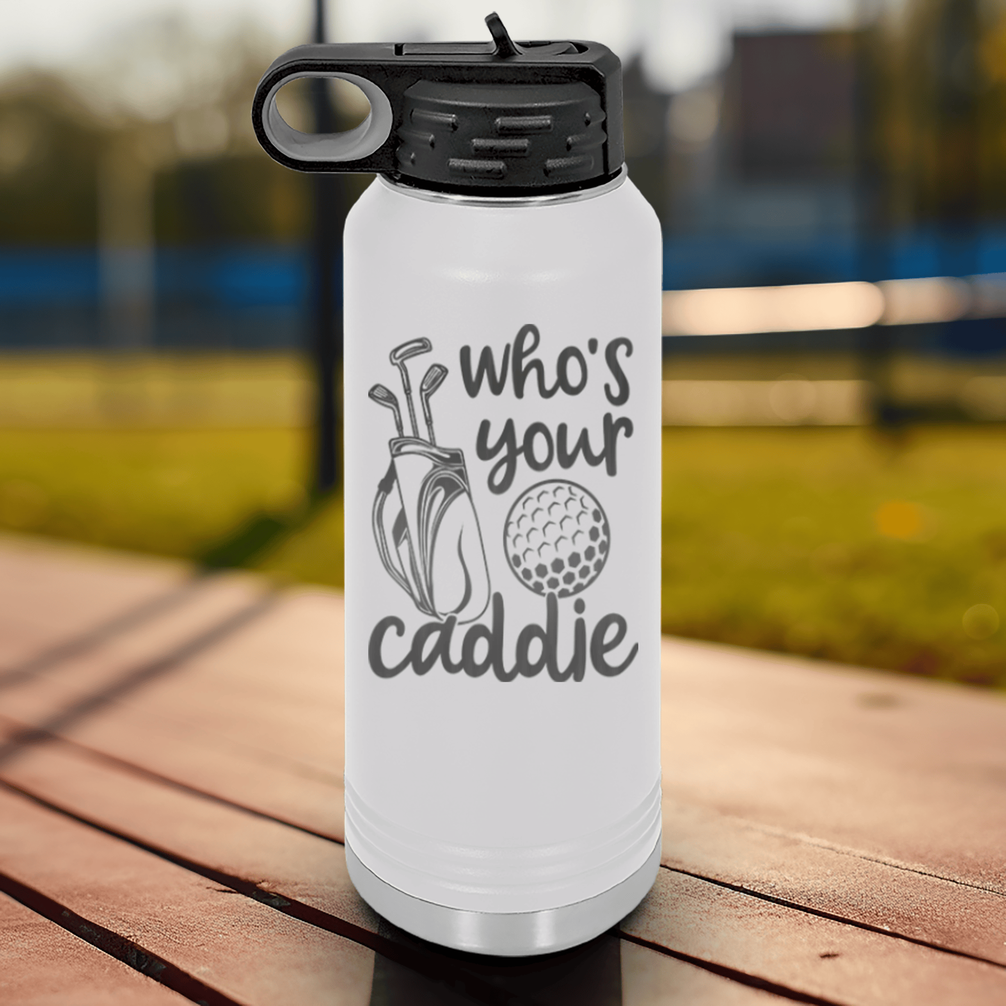 White golf water bottle Whos Your Caddie