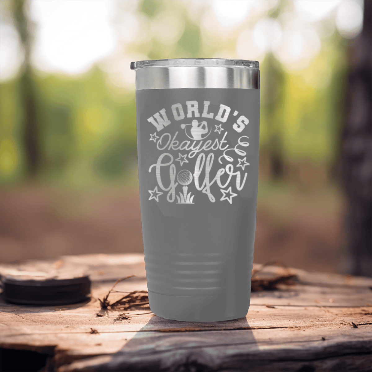 Grey golf tumbler Worlds Kinda Good Gofler