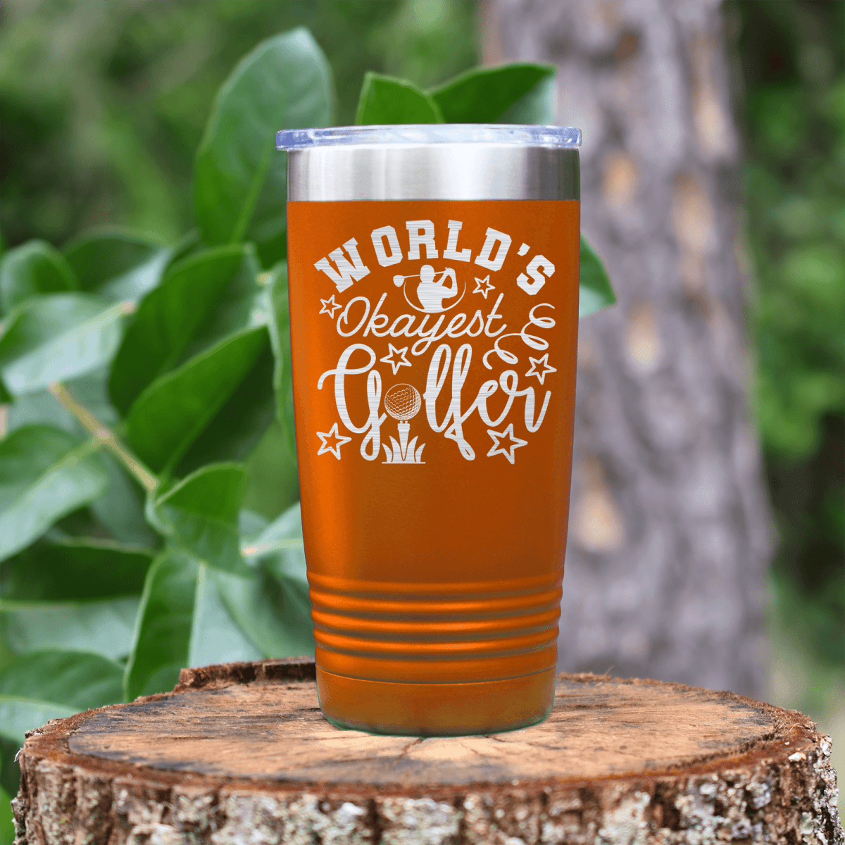 Orange golf tumbler Worlds Kinda Good Gofler