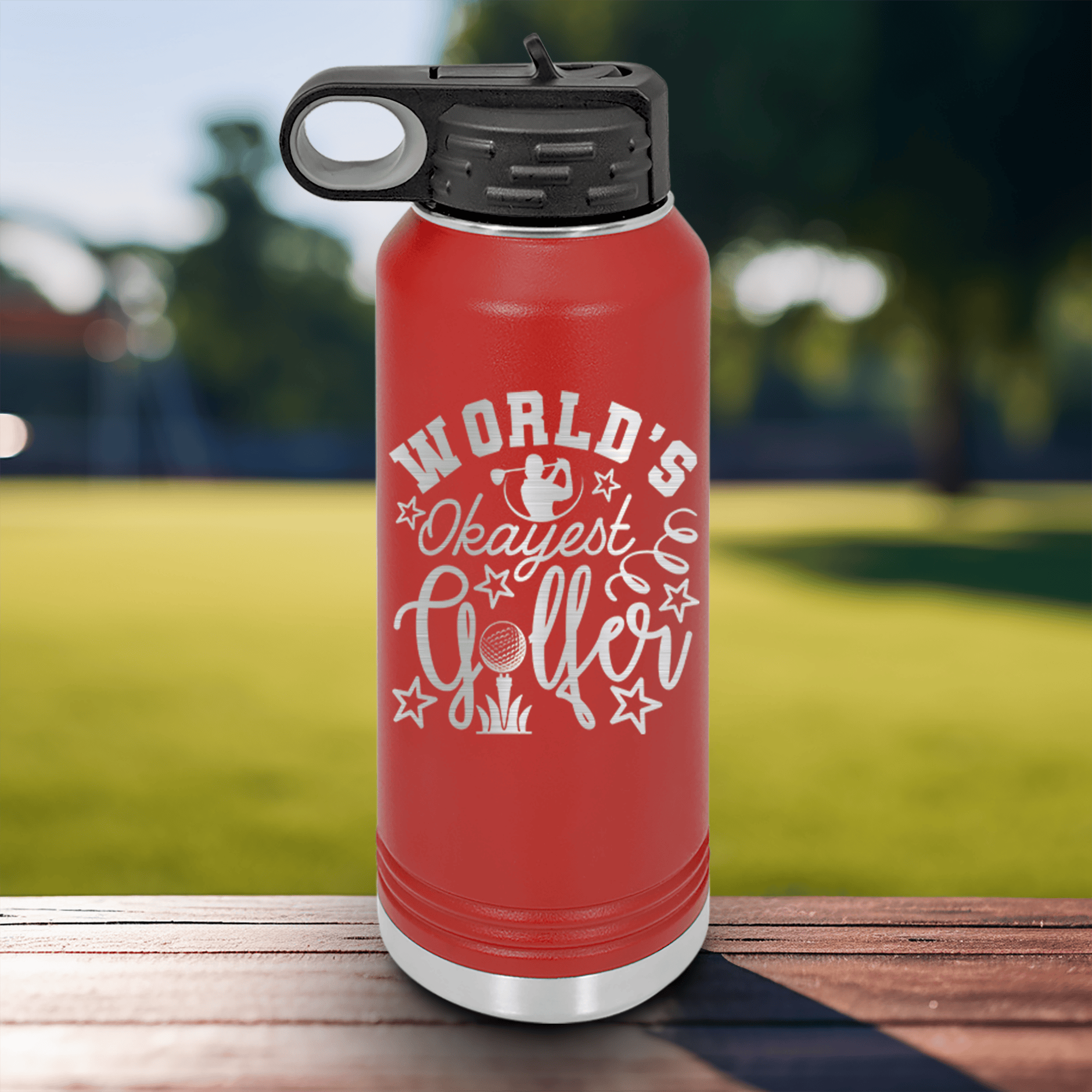 Red golf water bottle Worlds Kinda Good Gofler