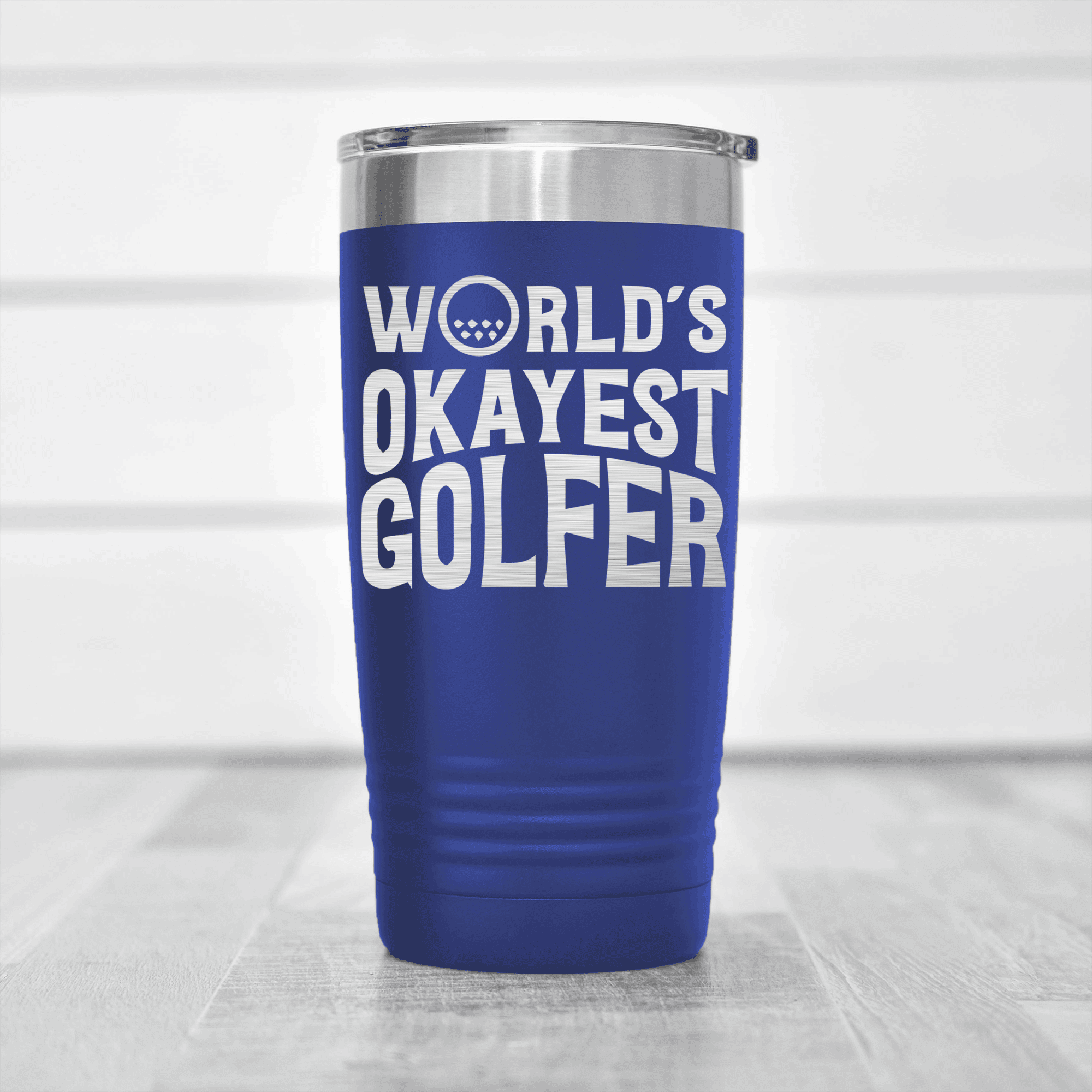 Blue golf tumbler Worlds Okayest Golfer