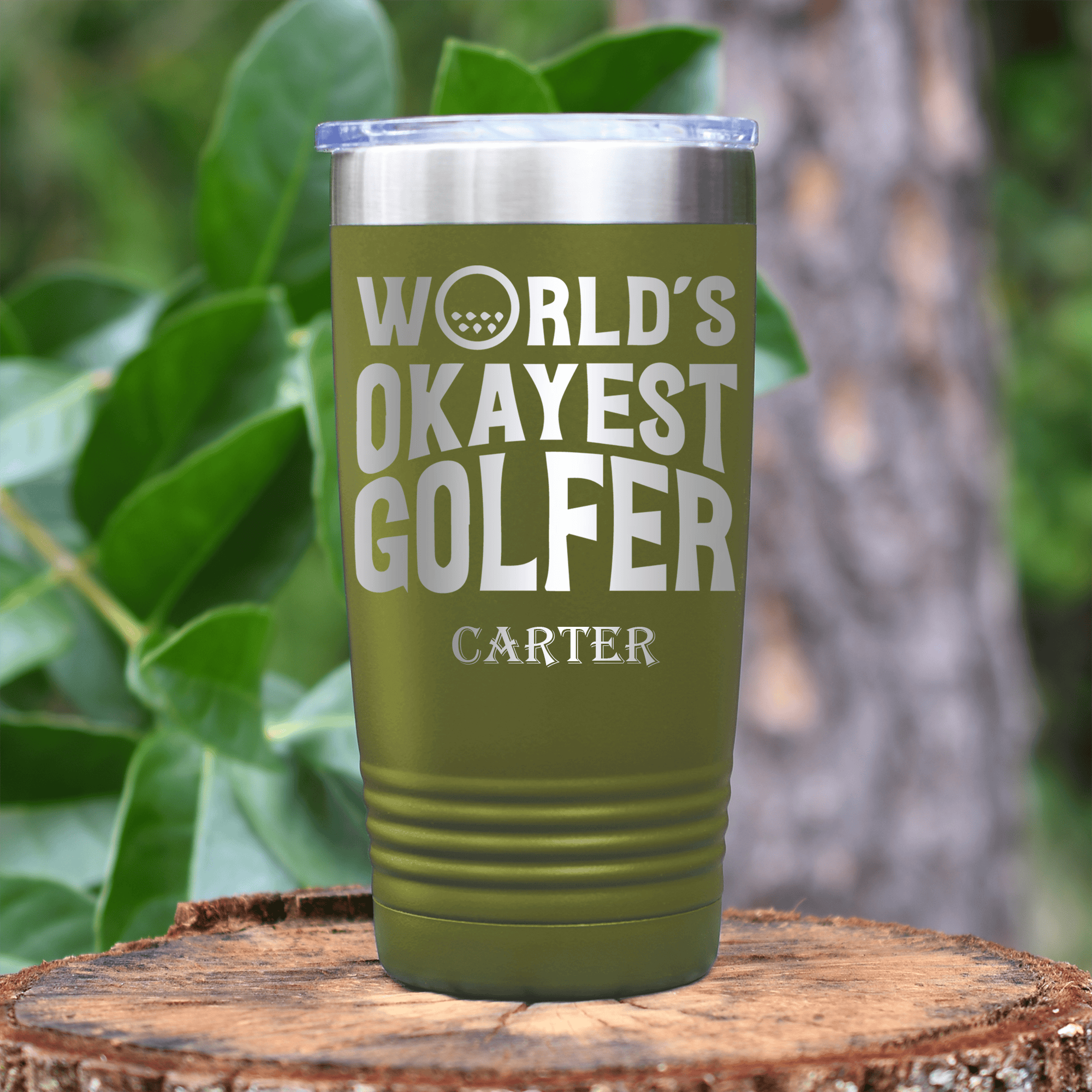 Military Green Golf Tumbler With Worlds Okayest Golfer Design