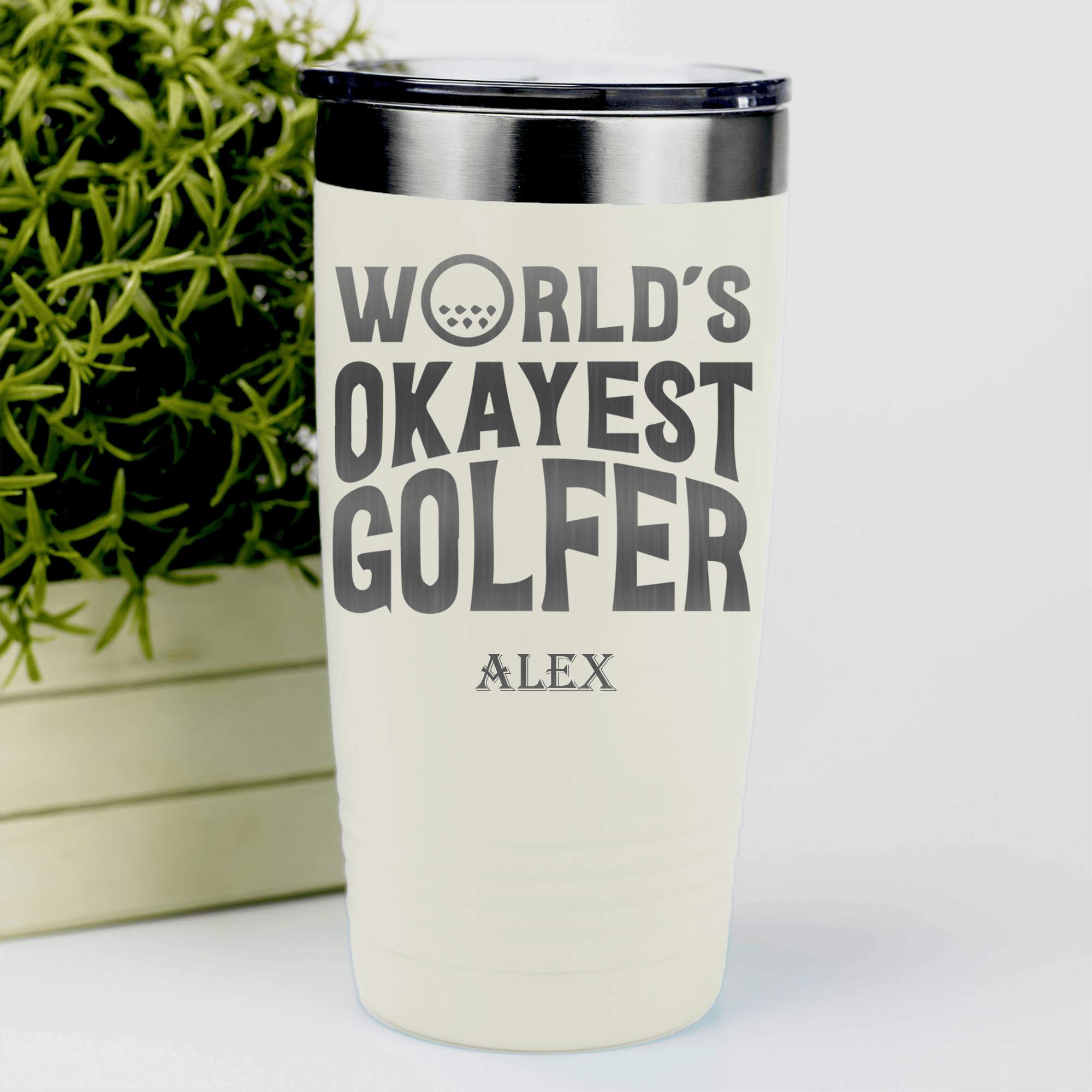 White Golf Tumbler With Worlds Okayest Golfer Design