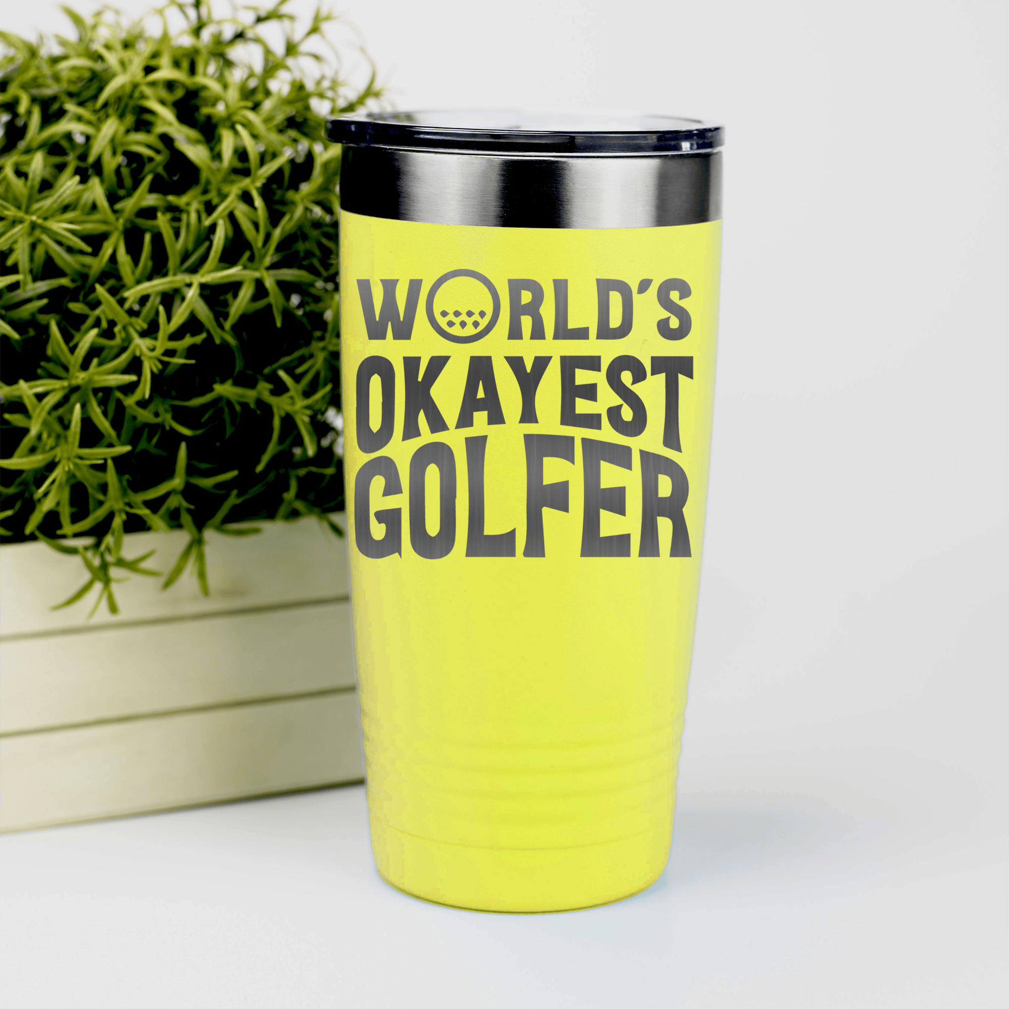 Yellow golf tumbler Worlds Okayest Golfer