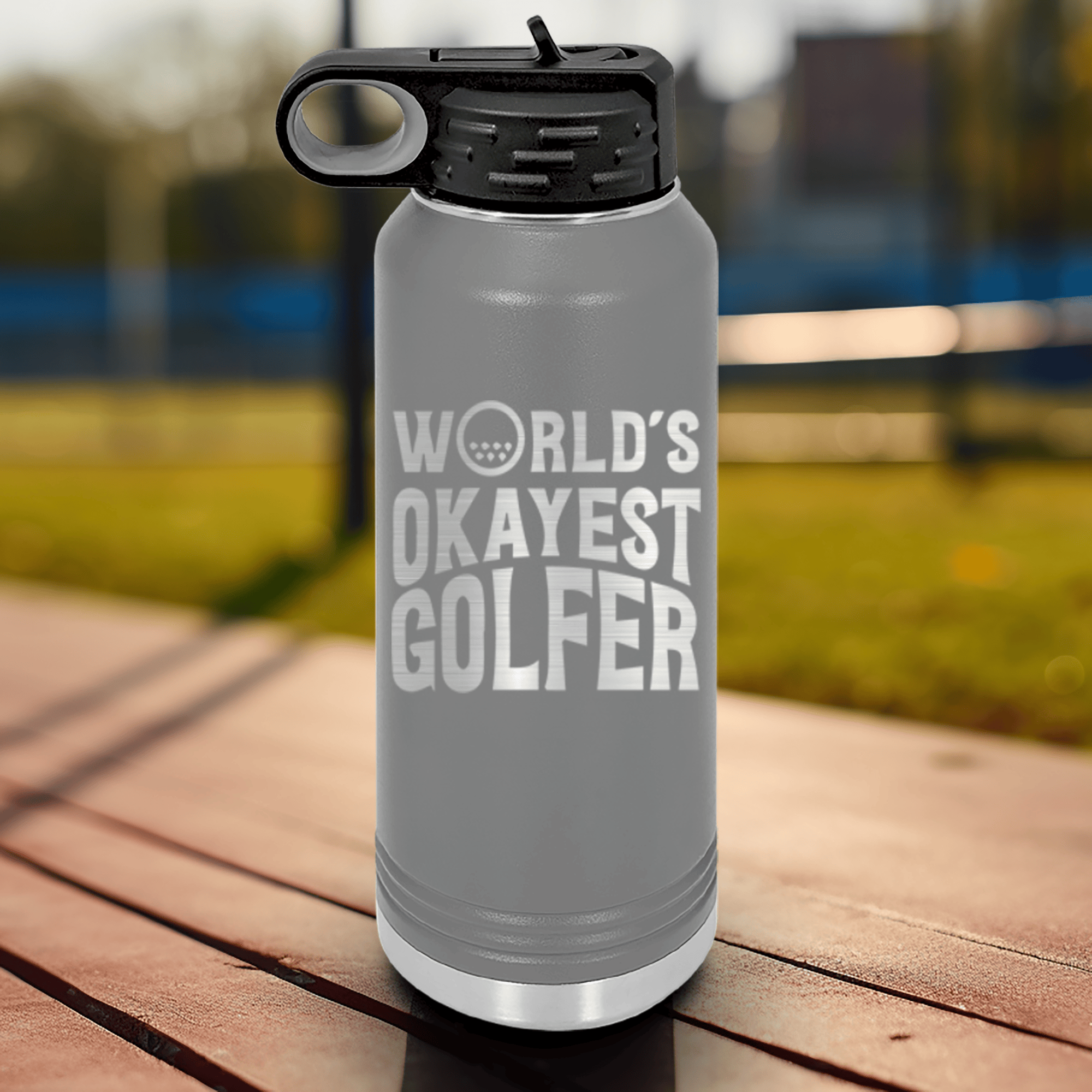 Grey golf water bottle Worlds Okayest Golfer