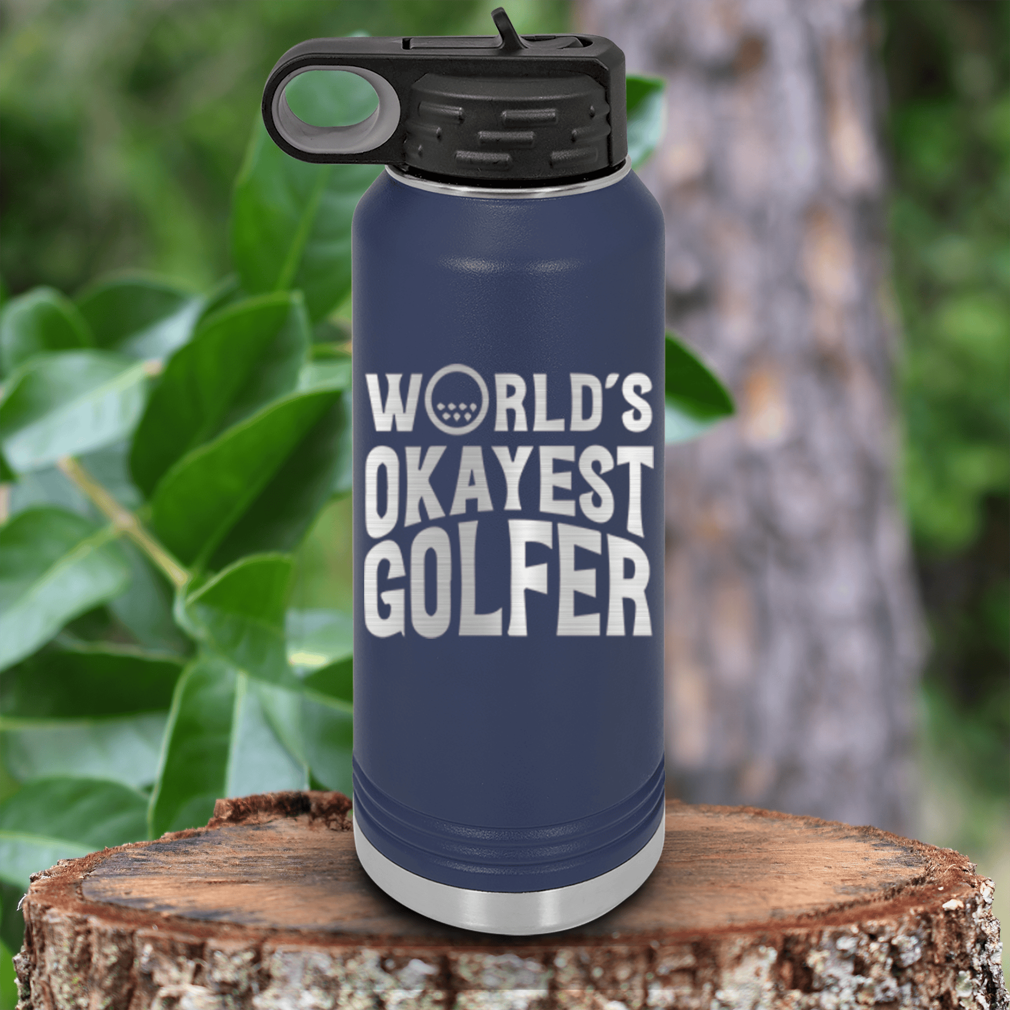 Navy golf water bottle Worlds Okayest Golfer