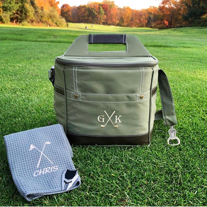 Personalized golf cooler set with towel and divot tool for on-the-course convenience