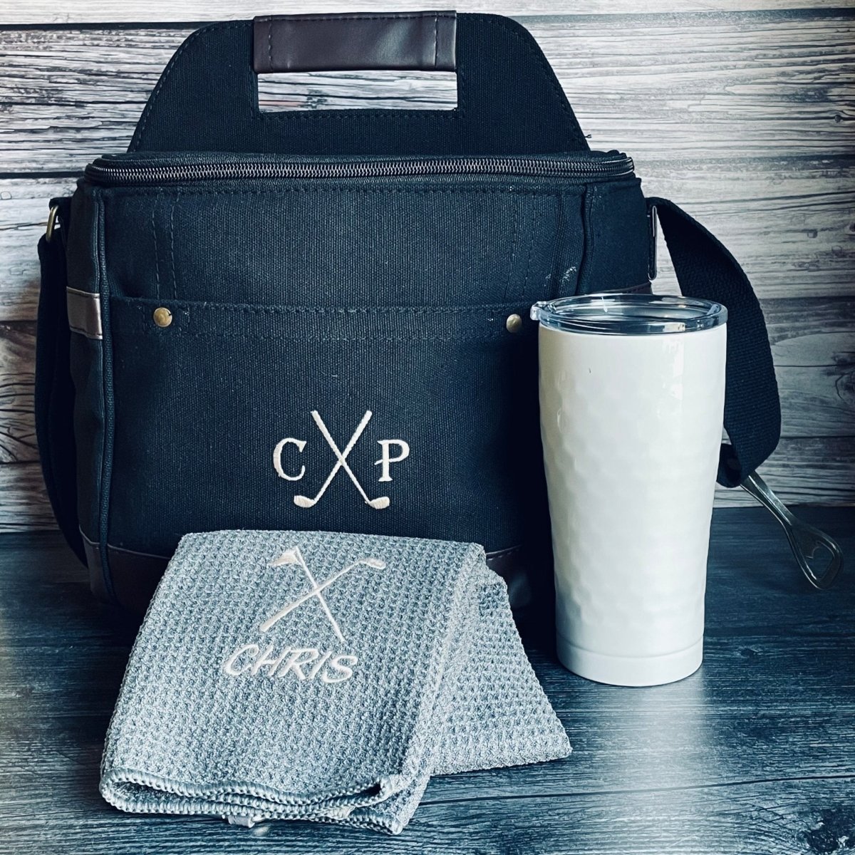 Golf gift set with personalized cooler, tumbler, and towel